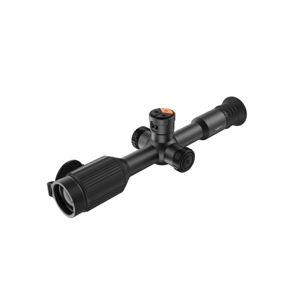 A black thermal scope with adjustment knobs, shown at an angle.