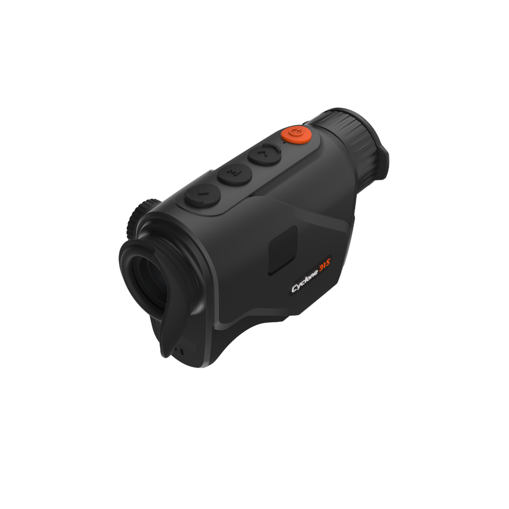 A black Cyclone 315 thermal imaging monocular with a textured grip, side button, and an orange accent button, shown from a three-quarters angle.