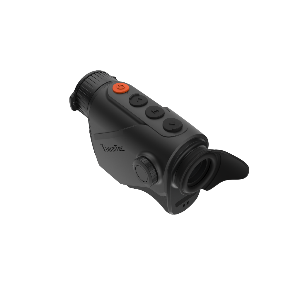 A black Cyclone 315 thermal imaging monocular with a textured grip, side button, and an orange accent button, shown from a three-quarters angle.