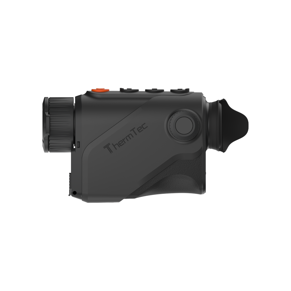 A black Cyclone 315 thermal imaging monocular with a textured grip, side button, and an orange accent button, shown from a side angle.
