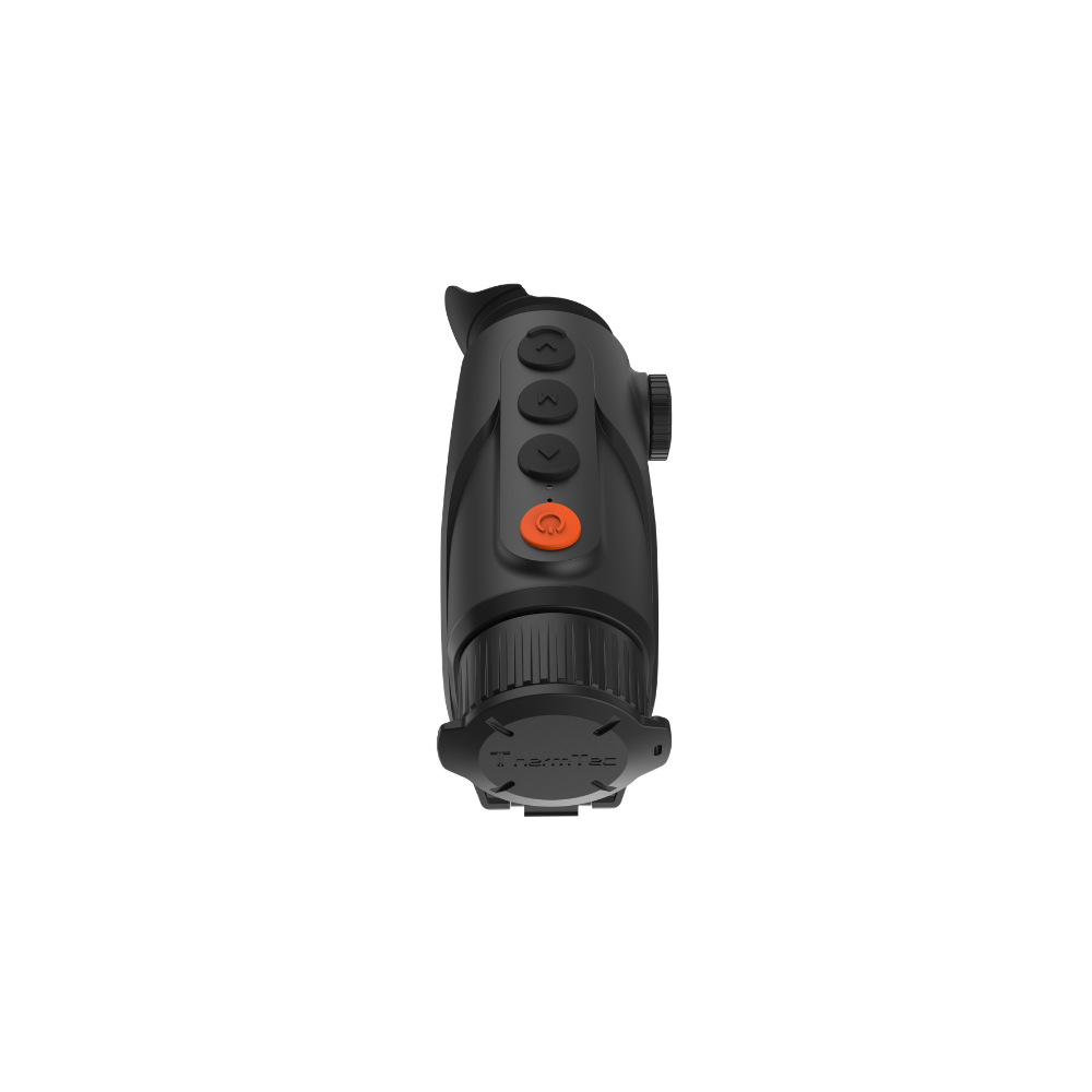 A black Cyclone 315 thermal imaging monocular with a textured grip, side button, and an orange accent button, shown from a top angle.