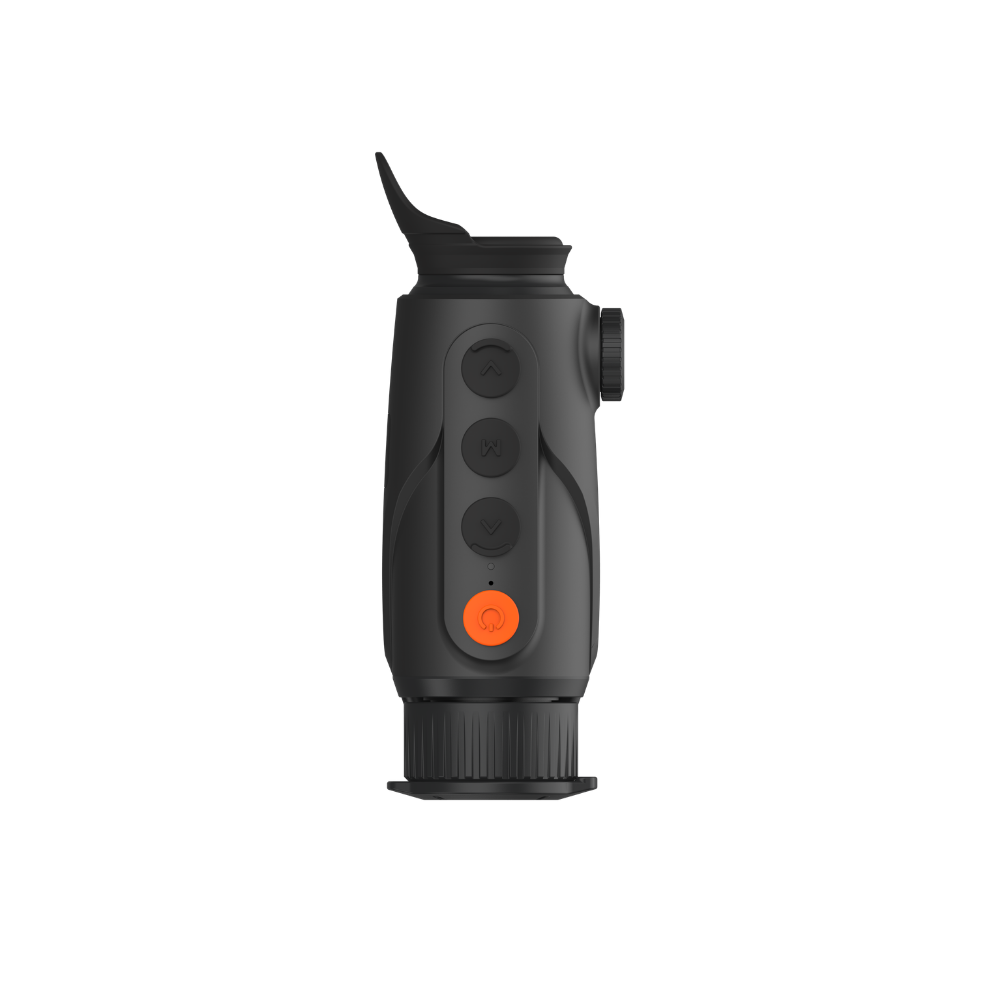 A black Cyclone 315 thermal imaging monocular with a textured grip, side button, and an orange accent button, shown from a top angle.