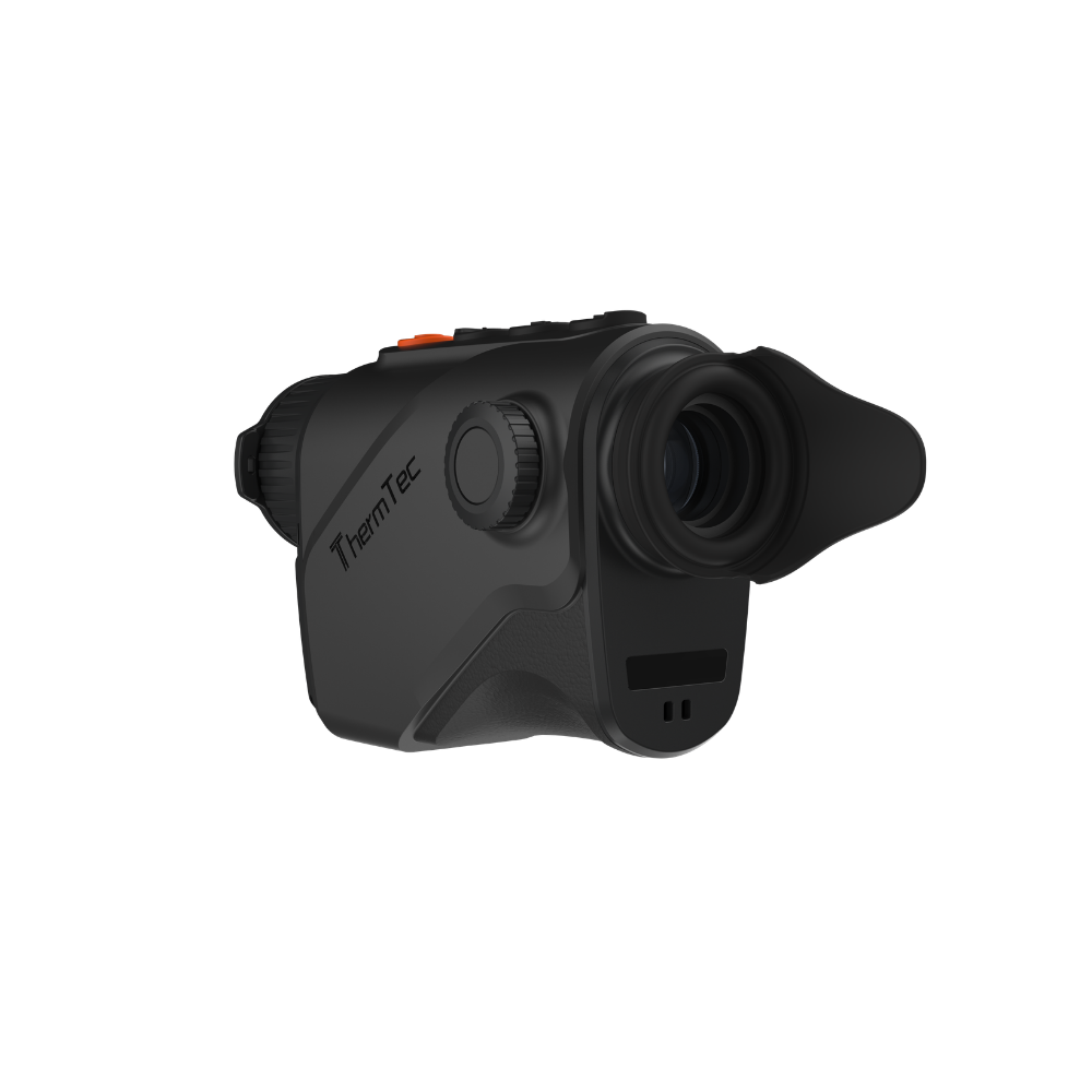 A black Cyclone 315 thermal imaging monocular with a textured grip, side button, and an orange accent button, shown from a three-quarters angle.