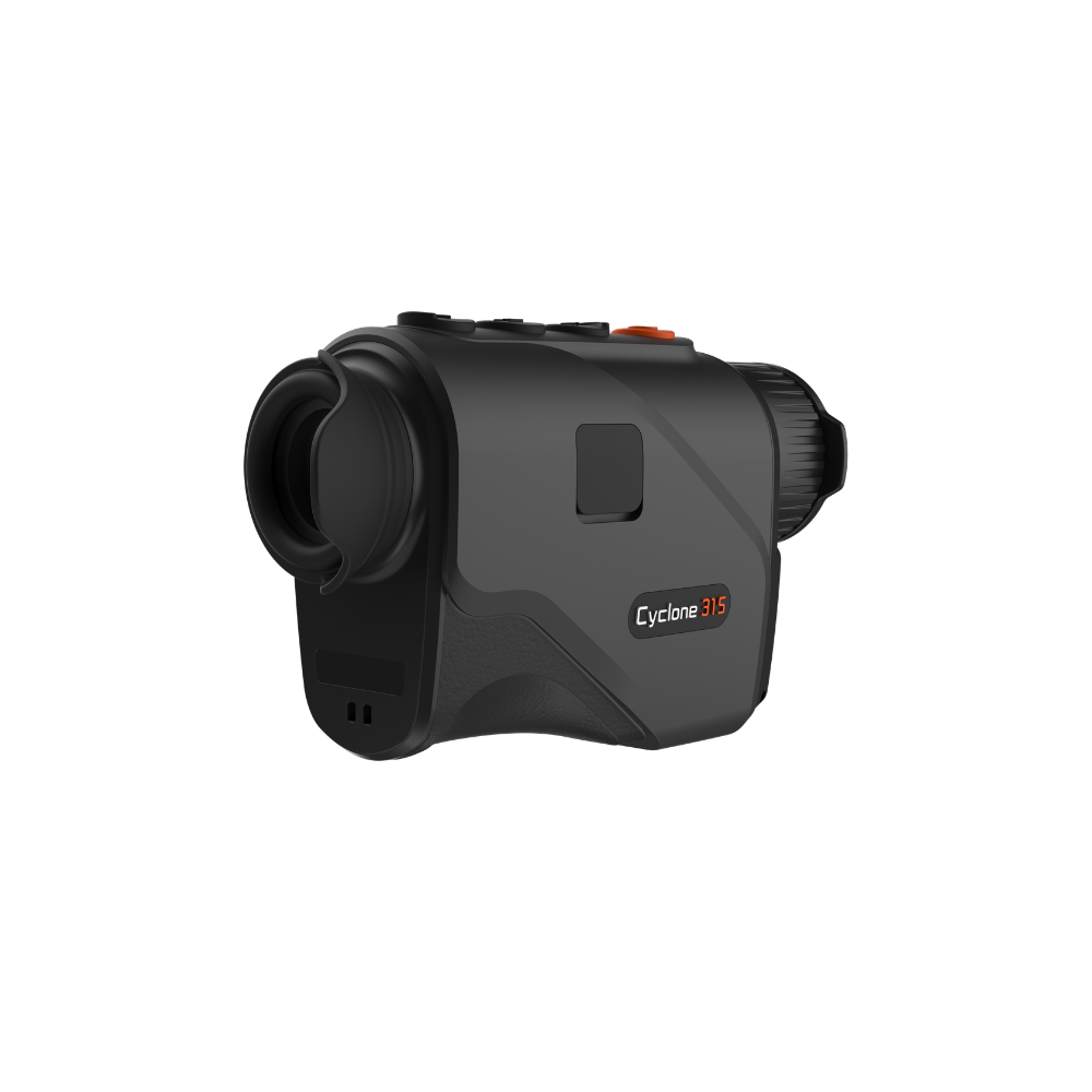 A black Cyclone 315 thermal imaging monocular with a textured grip, side button, and an orange accent button, shown from a three-quarters angle.