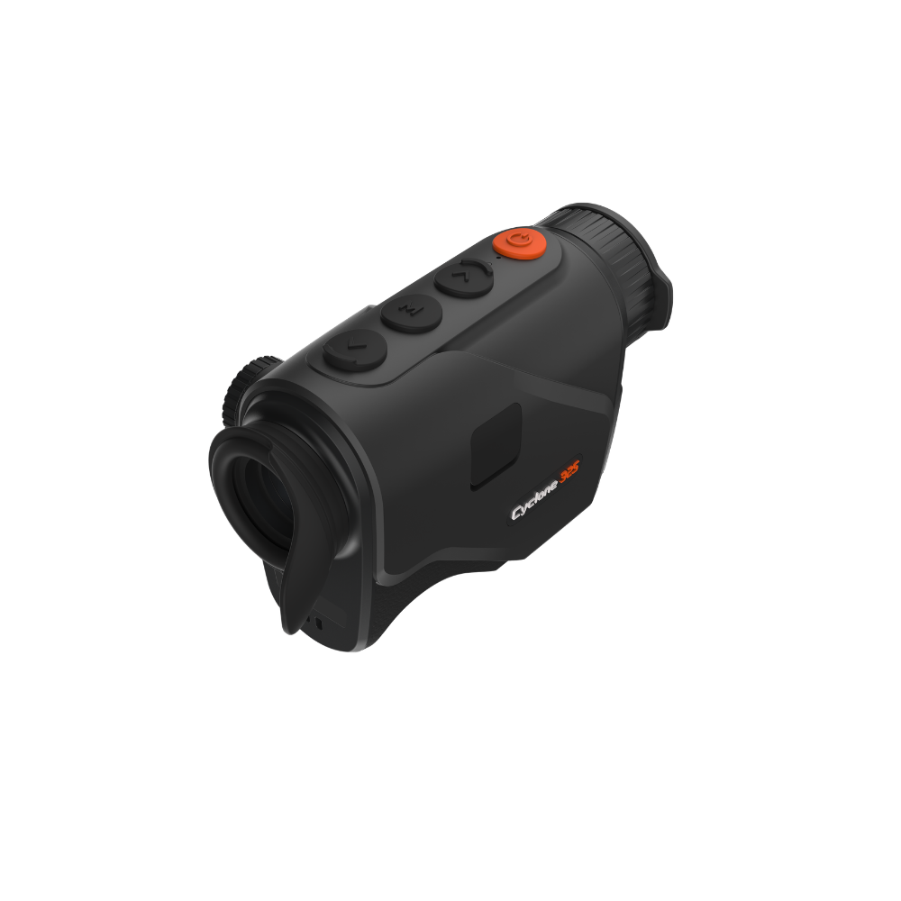 A black thermal image monocular with a textured rubberized grip, three black control buttons, and an orange power button.