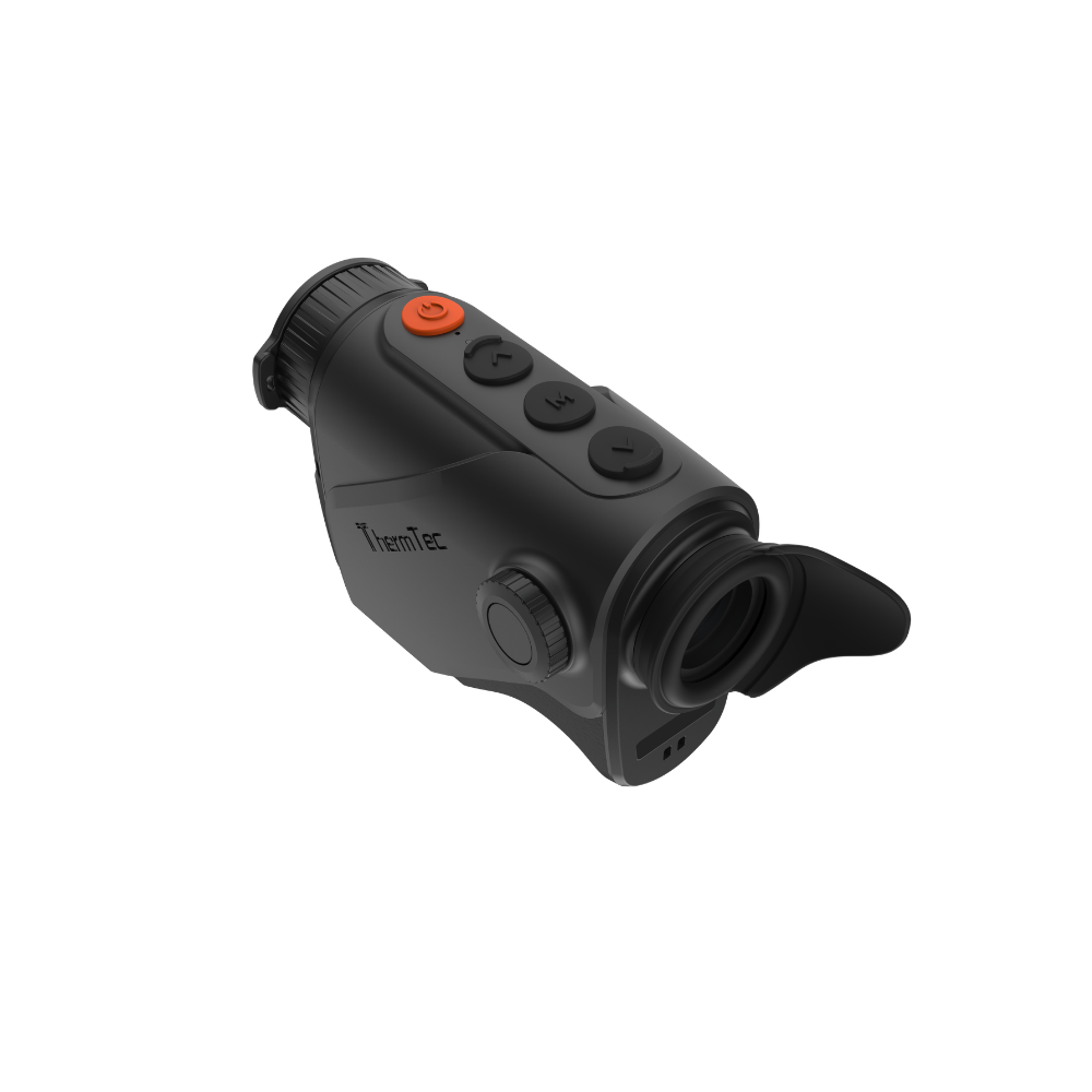 A black thermal image monocular with a textured rubberized grip, three black control buttons, and an orange power button.