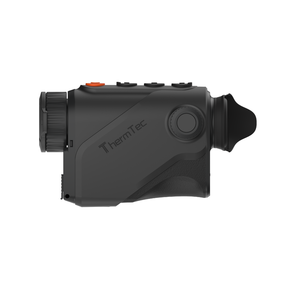 A black thermal image monocular with a textured rubberized grip, three black control buttons, and an orange power button.