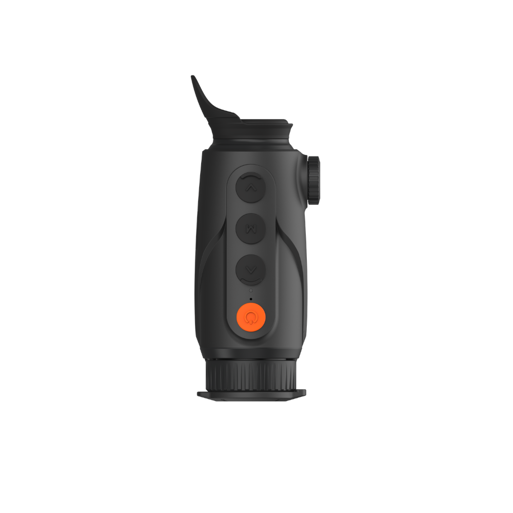 A black thermal imaging monocular with three dark buttons and a prominent orange power button.