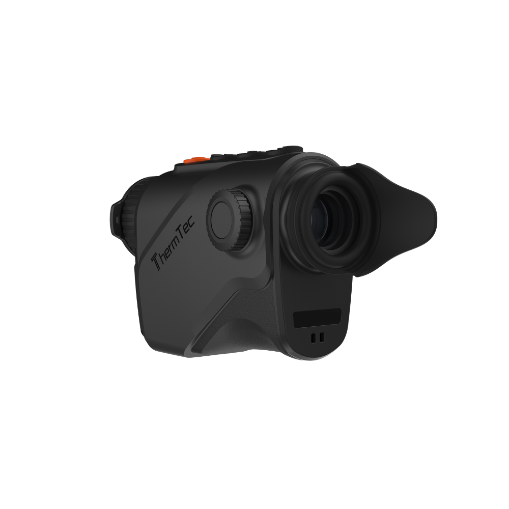 ThermTec thermal imaging monocular in matte black, featuring a large objective lens with a protective rubber hood, a central adjustment dial, and a textured grip.