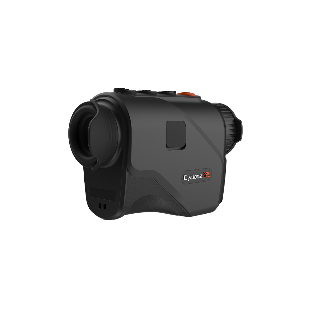 A black Cyclone 325 thermal imaging monocular with a small orange accent button and logo, shown from a three-quarters angle.