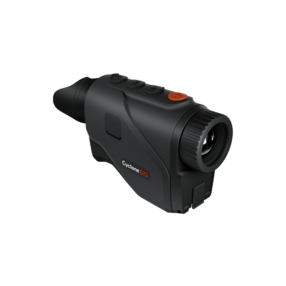 A black Thermtec thermal imaging monocular with an orange power button, shown at a three-quarter angle.