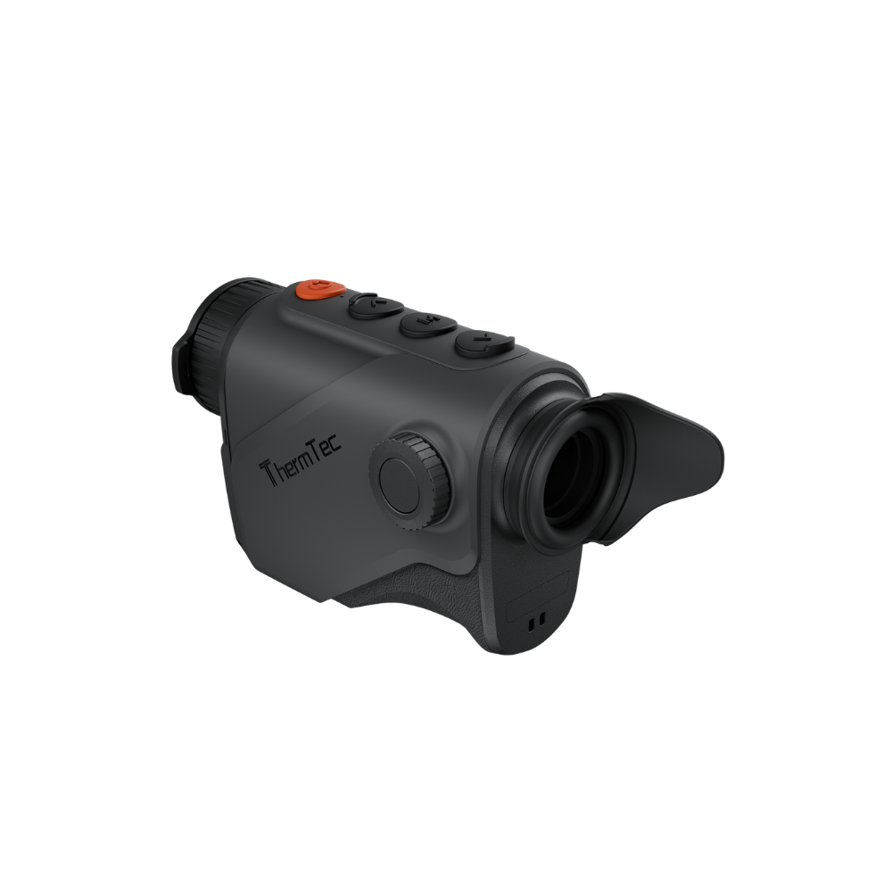 A black Thermtec thermal imaging monocular with an orange power button, shown at a three-quarter angle.
