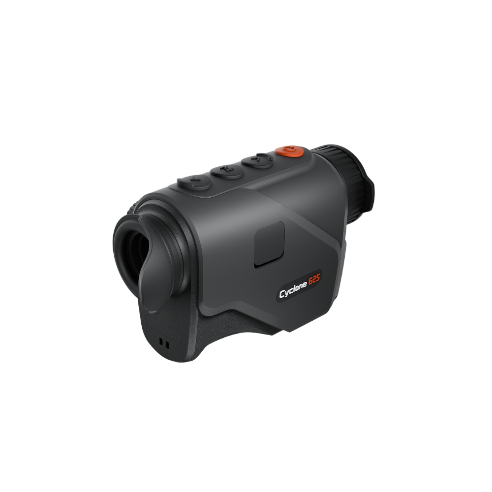 A black Thermtec thermal imaging monocular with an orange power button, shown at a three-quarter angle.