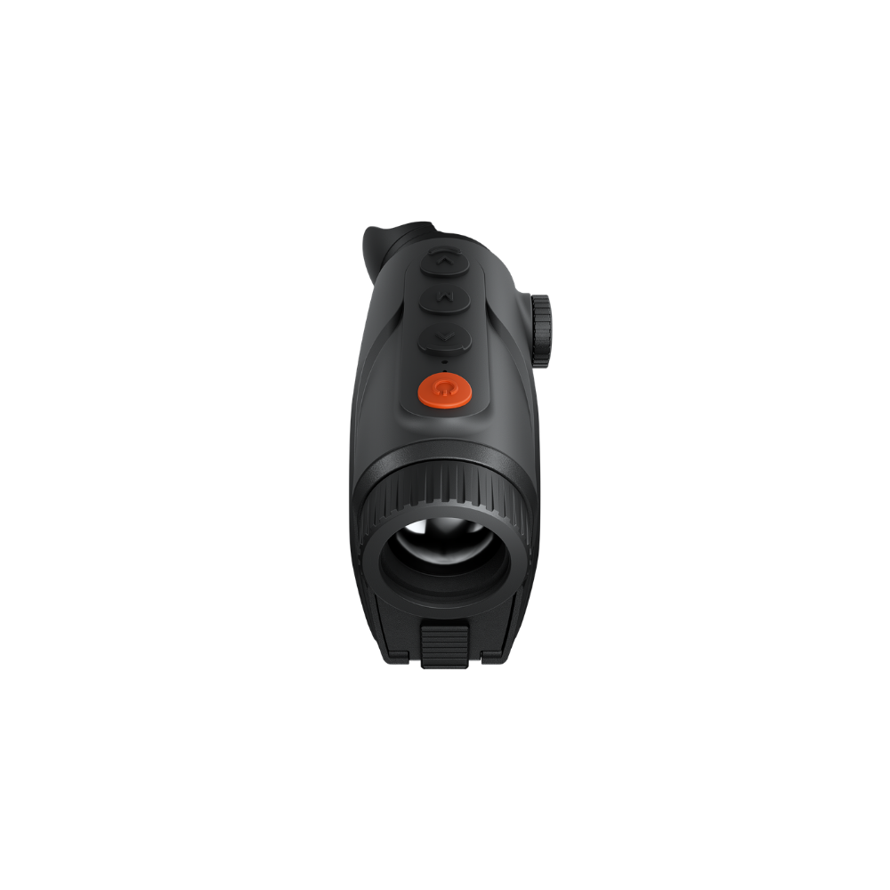 A black Thermtec thermal imaging monocular with an orange power button, shown at a top angle.