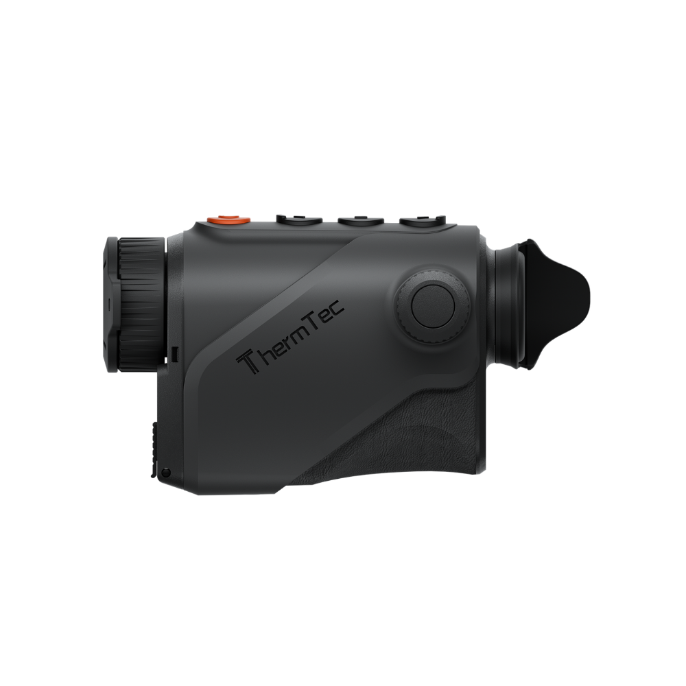 A black Thermtec thermal imaging monocular with an orange power button, shown at a side angle.