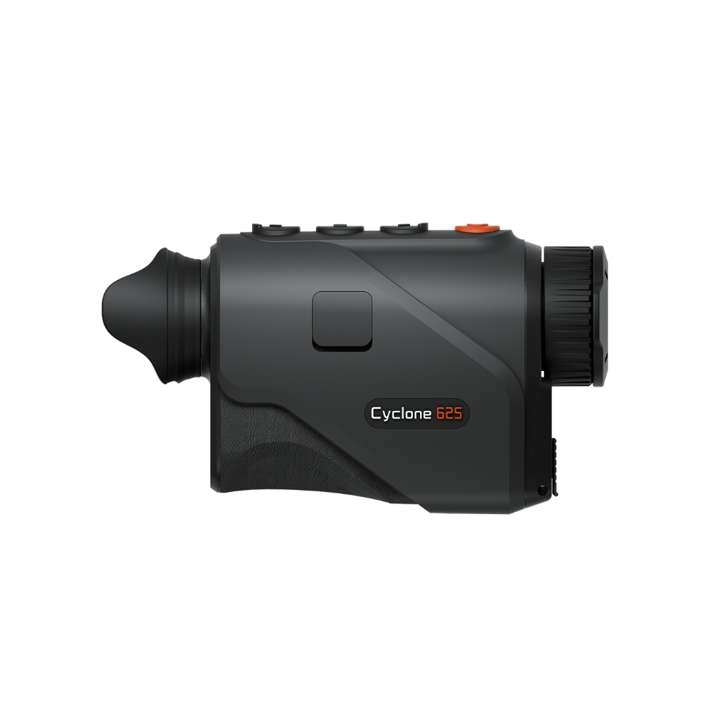 A black Thermtec thermal imaging monocular with an orange power button, shown at a side angle.