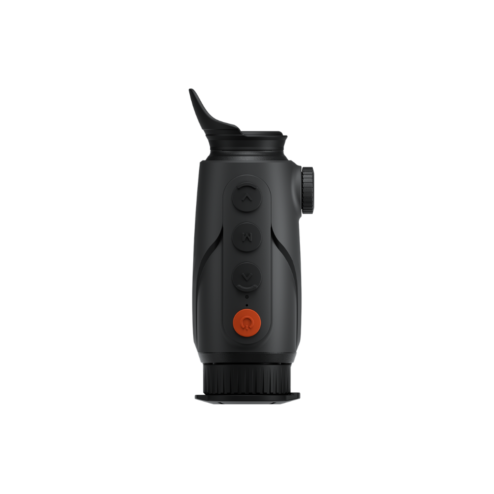 A black Thermtec thermal imaging monocular with an orange power button, shown at a top angle.