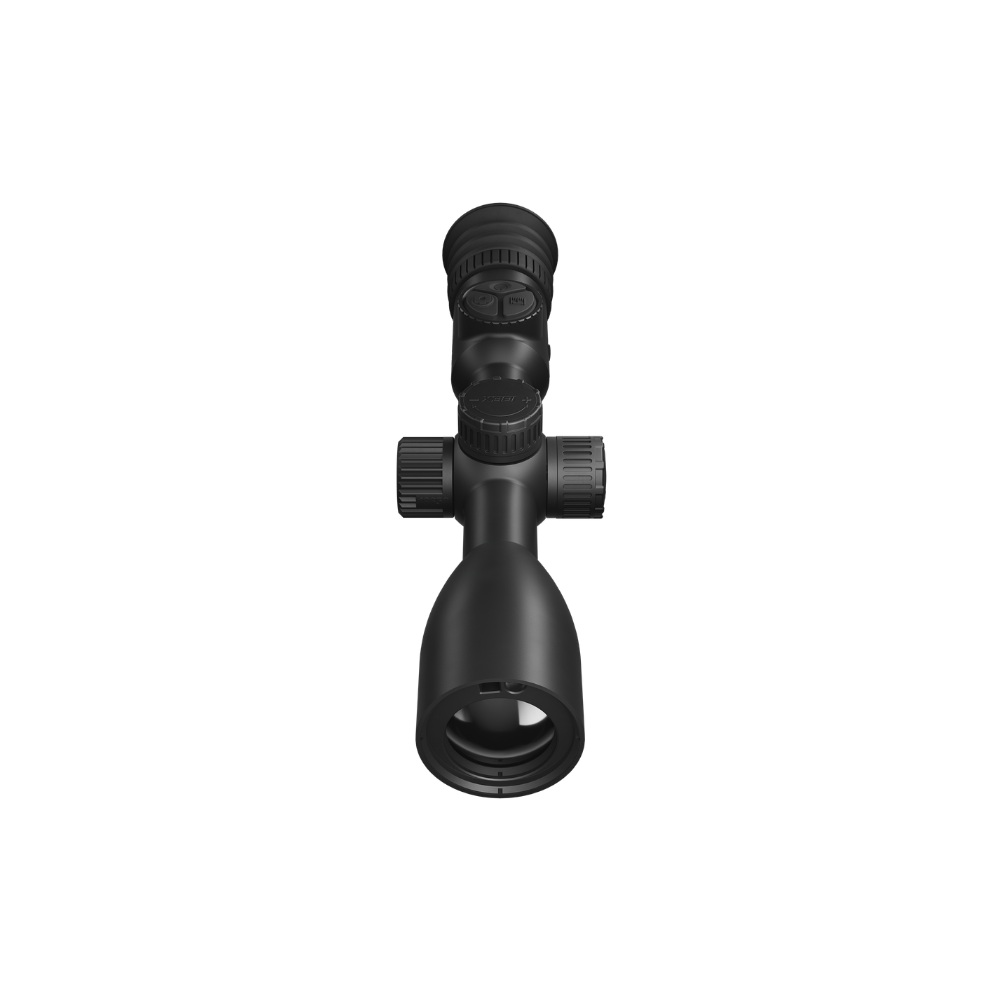 A black rifle scope with textured adjustment knobs, shown from the front.