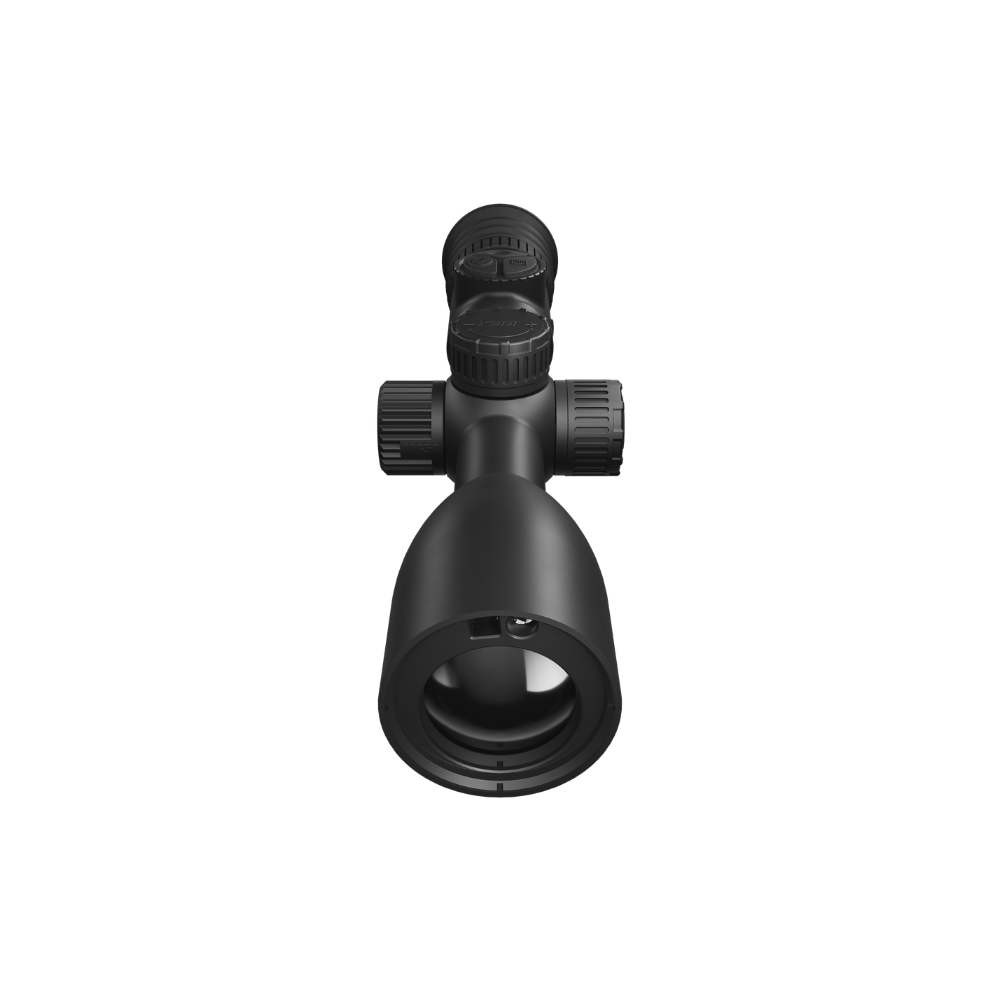 A black rifle scope with adjustment knobs, shown from a front-facing perspective.