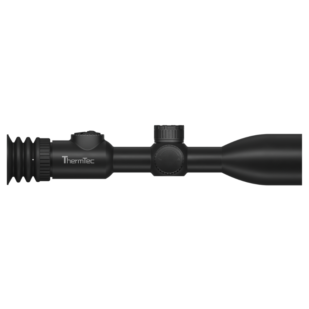 A black Thermtec rifle scope shown in a side profile view.