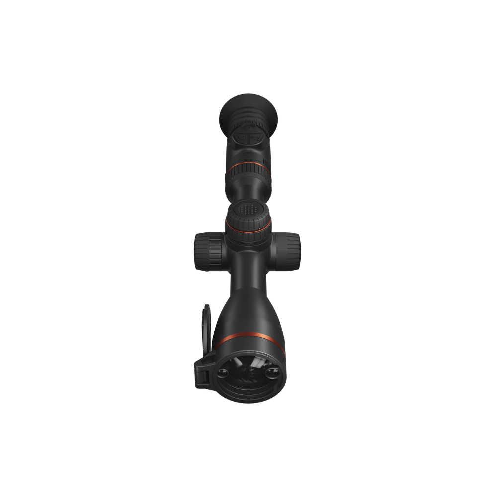 A black tactical rifle scope with orange accent rings, shown from a front-facing perspective.