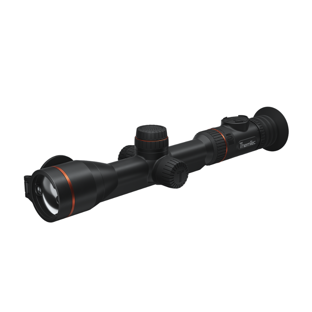 A black tactical rifle scope with orange accent rings and a visible Thermtec brand logo.