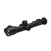 A black tactical rifle scope with orange accent rings and a visible Thermtec brand logo.