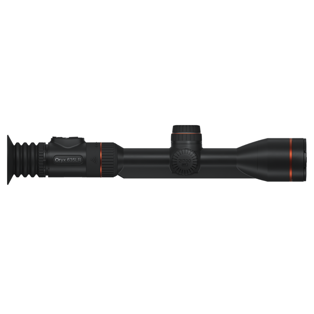 A black scope with orange accent rings, shown horizontally. The series 'Oryx 635LR' is visible on the eyepiece.