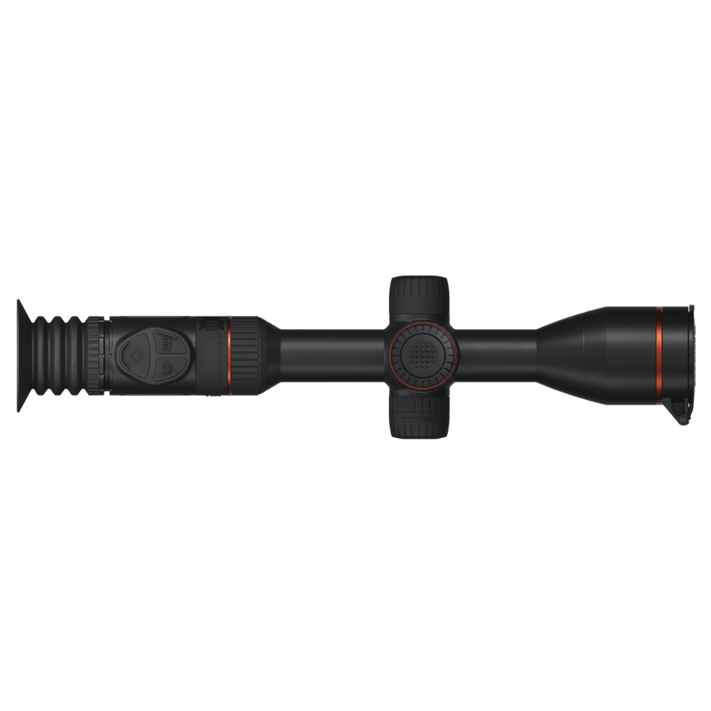 A black rifle scope with textured adjustment knobs and subtle orange accent rings, shown horizontally.
