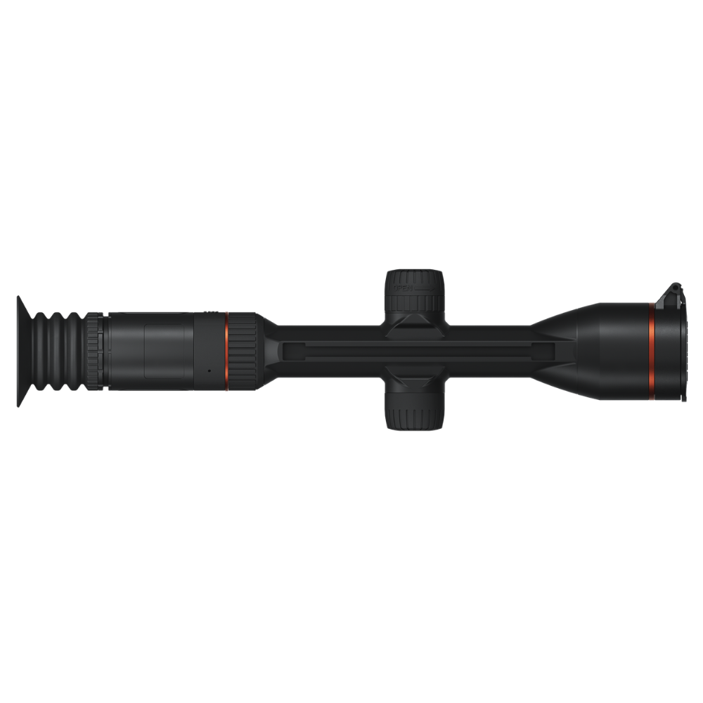 A black rifle scope with a rubberized barrel extension and adjustment knobs, featuring thin orange accent rings.
