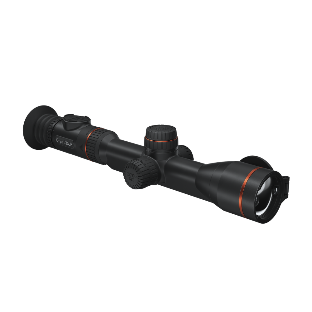 A black optical scope with orange accent rings, shown at a diagonal.