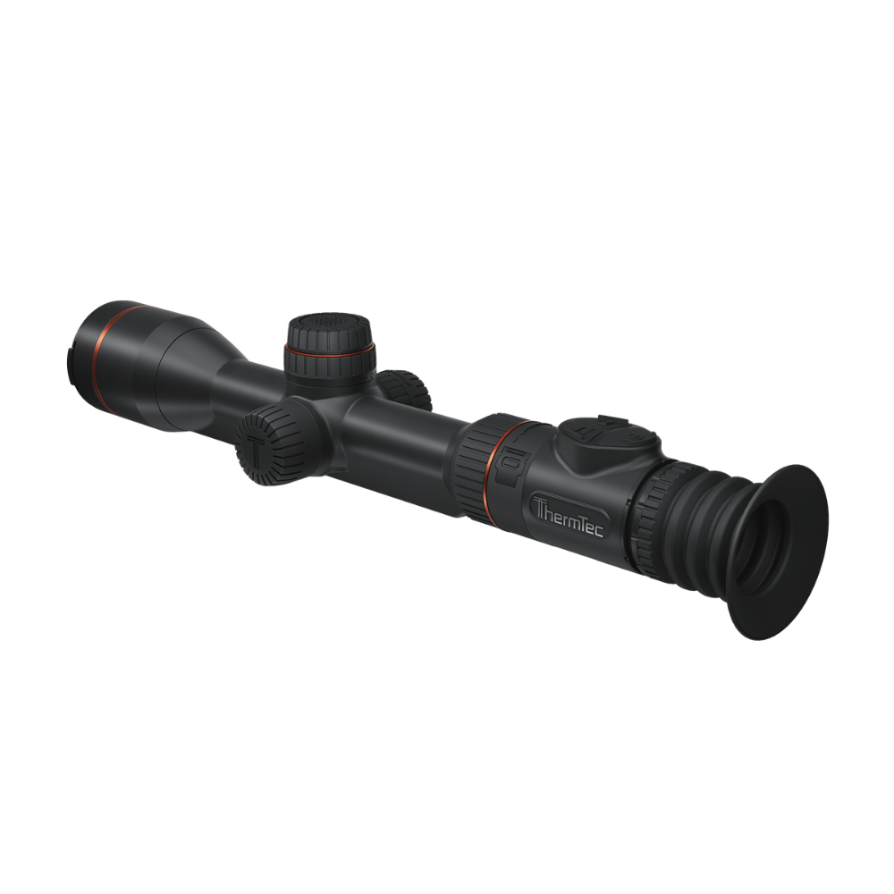 A black Thermtec rifle scope with red accent rings, shown at a diagonal angle.