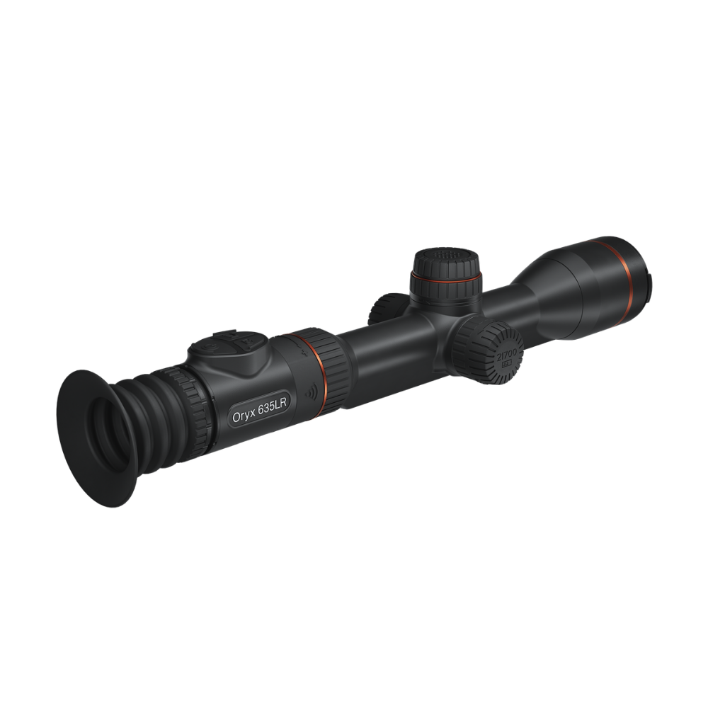 A black tactical rifle scope with orange accent rings and a visible Oryx 635LR logo.