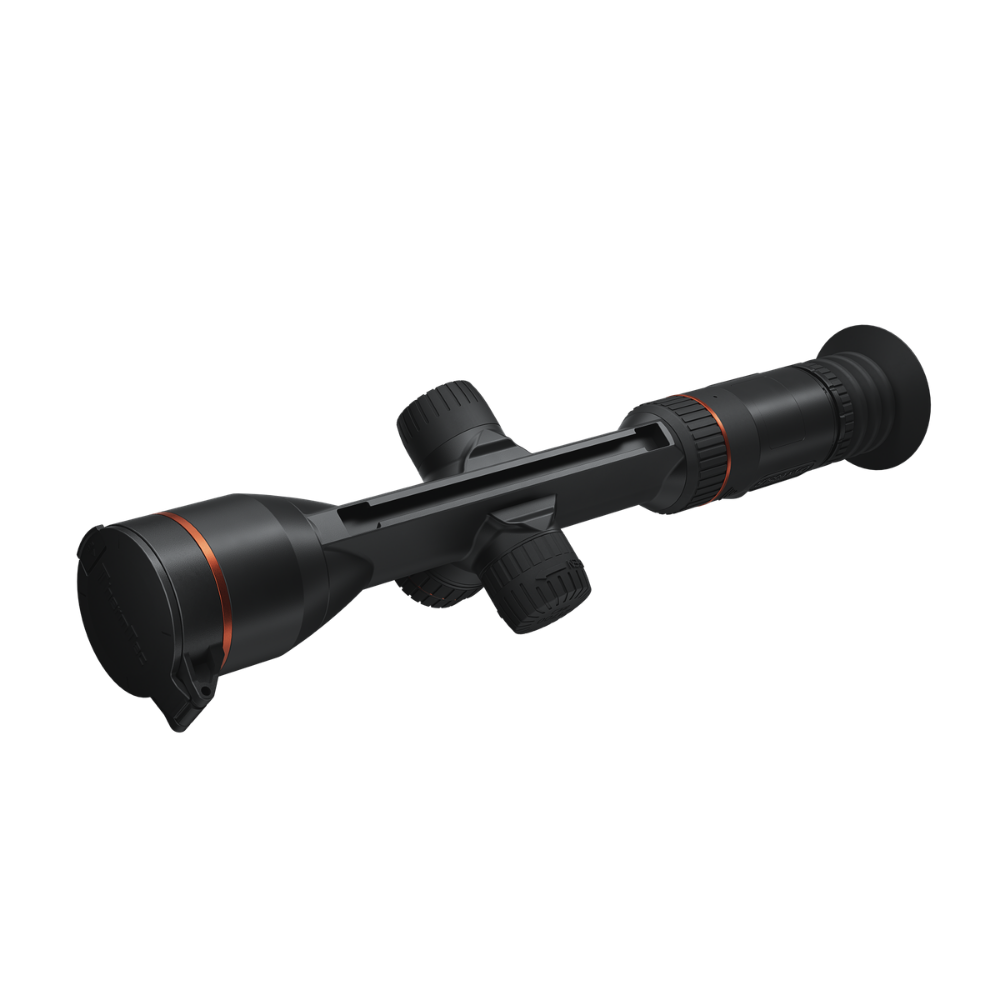 A black optical scope or rifle sight with textured eyepiece and objective lens, featuring subtle orange accent rings, shown.