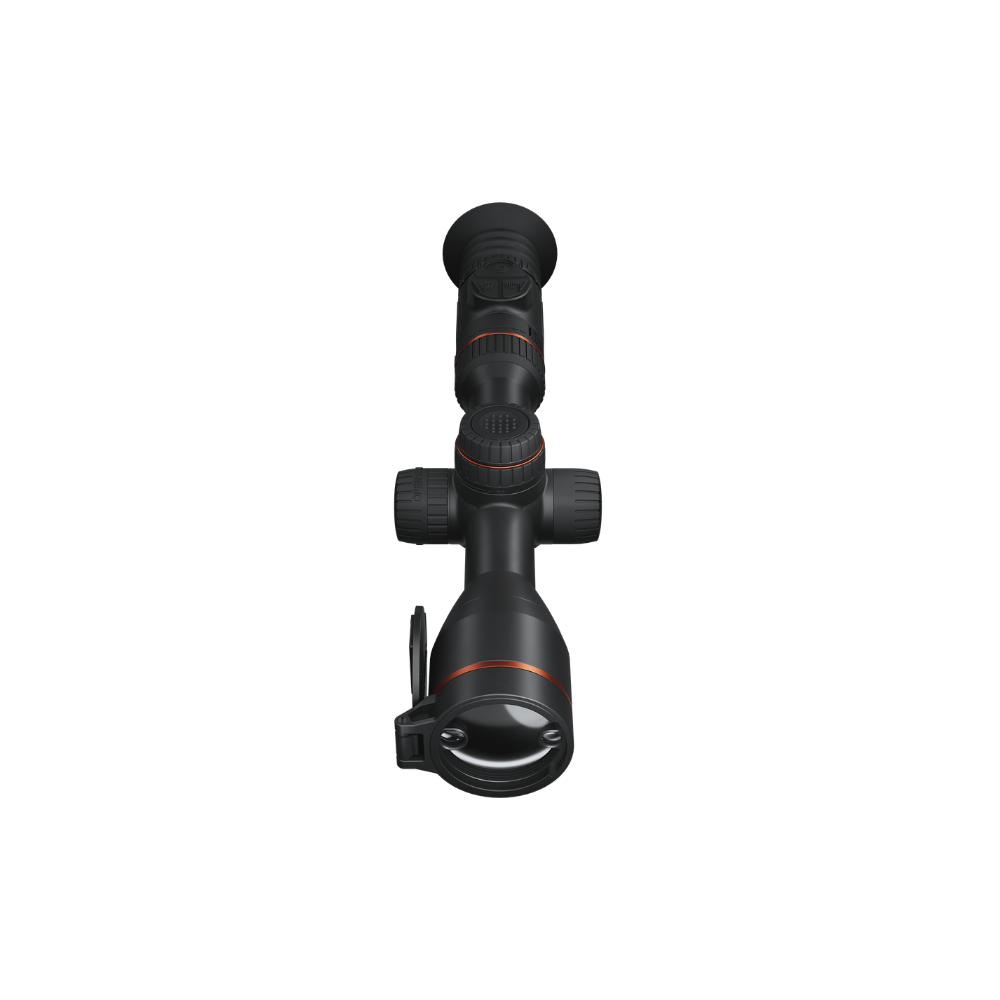 A black rifle scope with orange accent rings, shown from a top-down perspective.