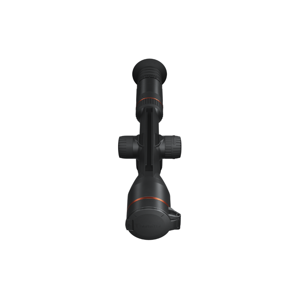 A black rifle scope with orange accent rings, shown from a top-down perspective.