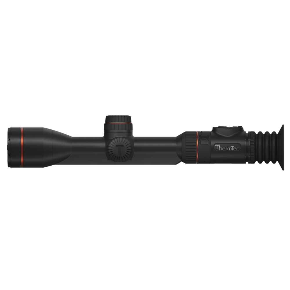 ThermTec thermal scope rifle sight in matte black with orange accent rings, shown horizontally.