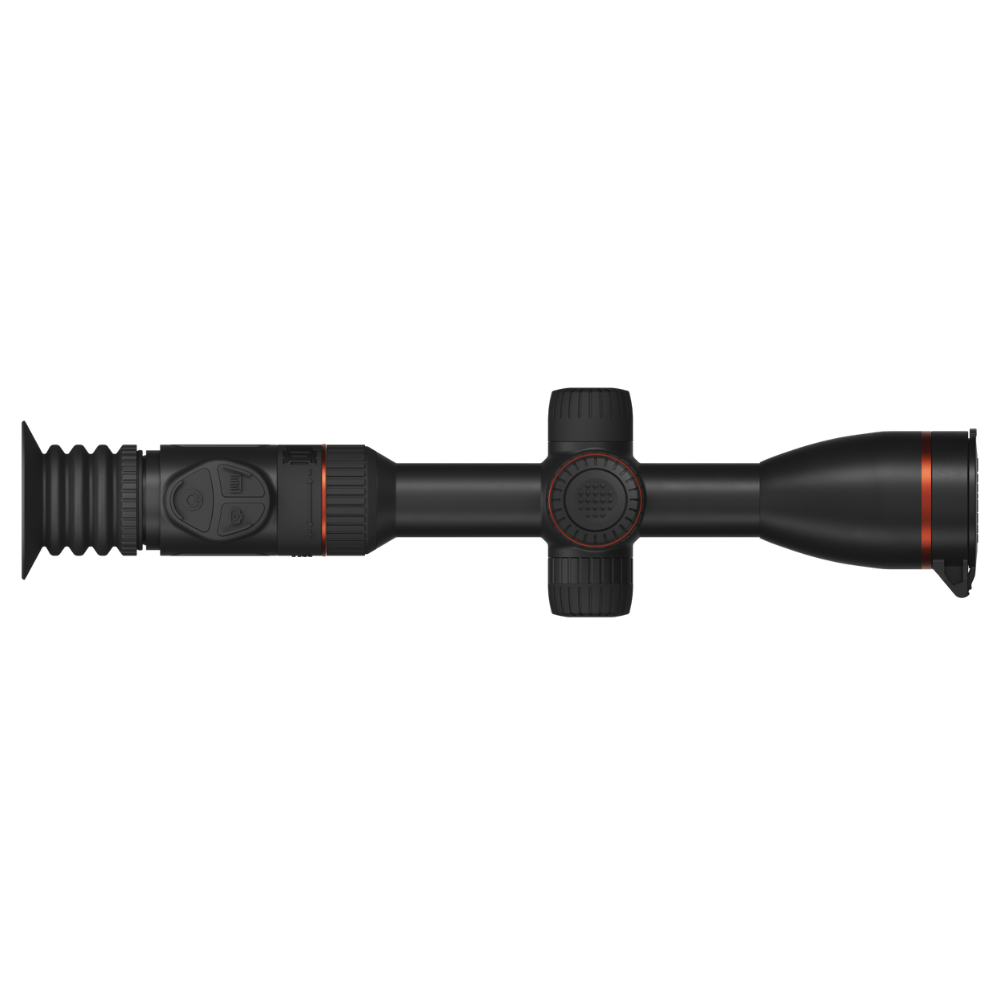 A black thermal rifle scope with red accent rings and a mounted reticle.