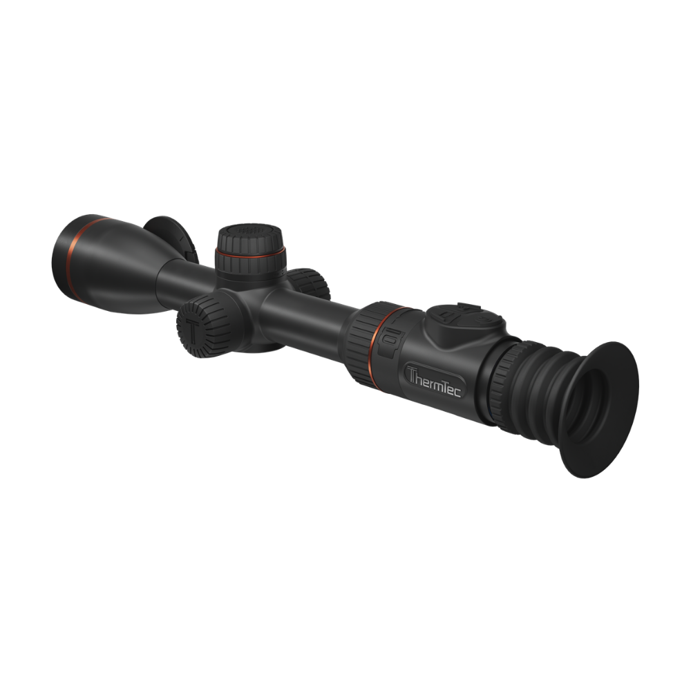 A black thermal rifle scope with red accent rings and the 'thermtec' logo