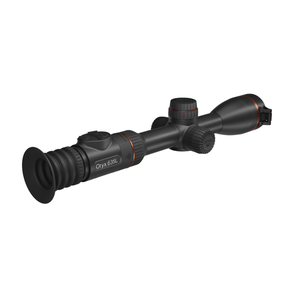 A black thermal scope with a ribbed eyepiece and objective lens, featuring orange accent rings and the 'Onyx 635L' model name printed on the side.