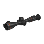 A black thermal rifle scope with red accent rings and a mounted reticle.