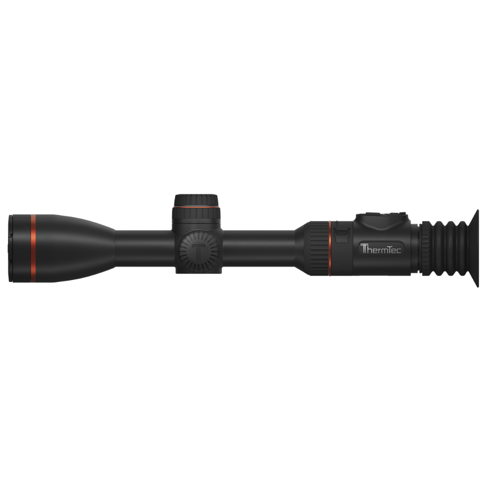 A black thermal rifle scope with red accent rings and the 'thermtec' logo