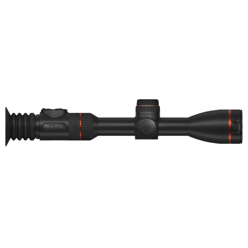 A black thermal rifle scope with red accent rings and the 'Oryx 635L' logo