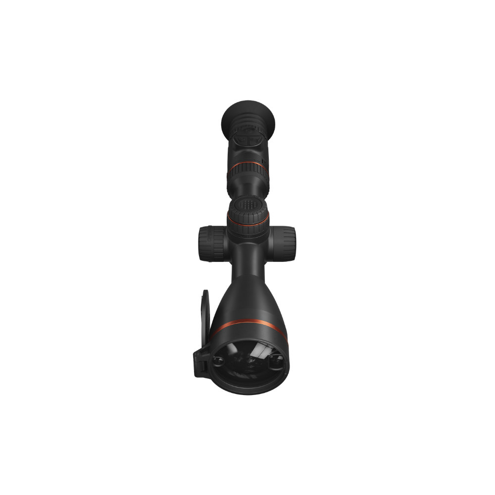 A black rifle scope with orange accent rings, shown from a front-three-quarter angle.