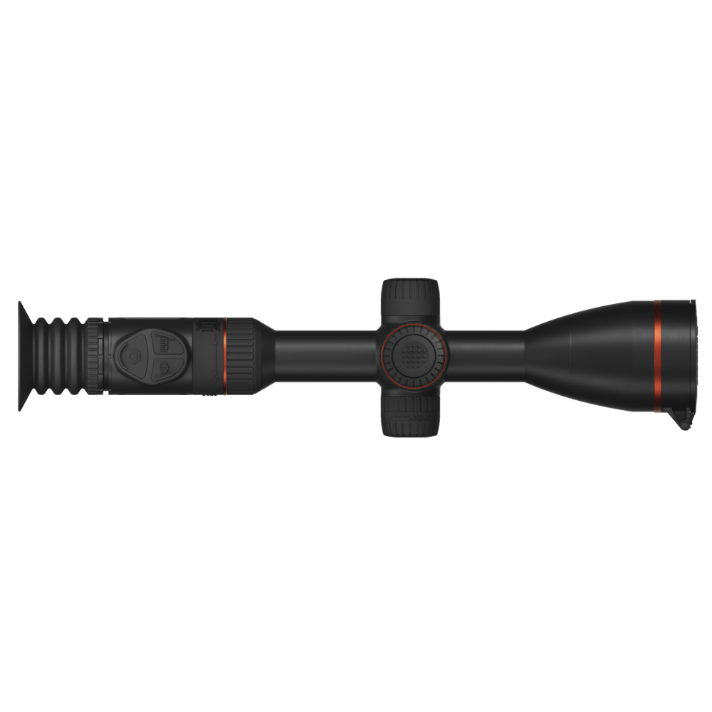 A black rifle scope with red accent rings and a textured rubber eyepiece, shown horizontally.
