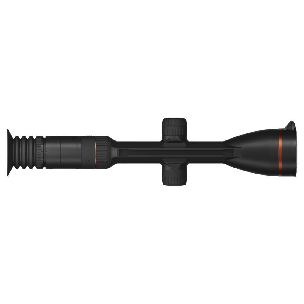 A black rifle scope with a rubberized barrel shroud and a red accent ring, shown from a side profile view against.
