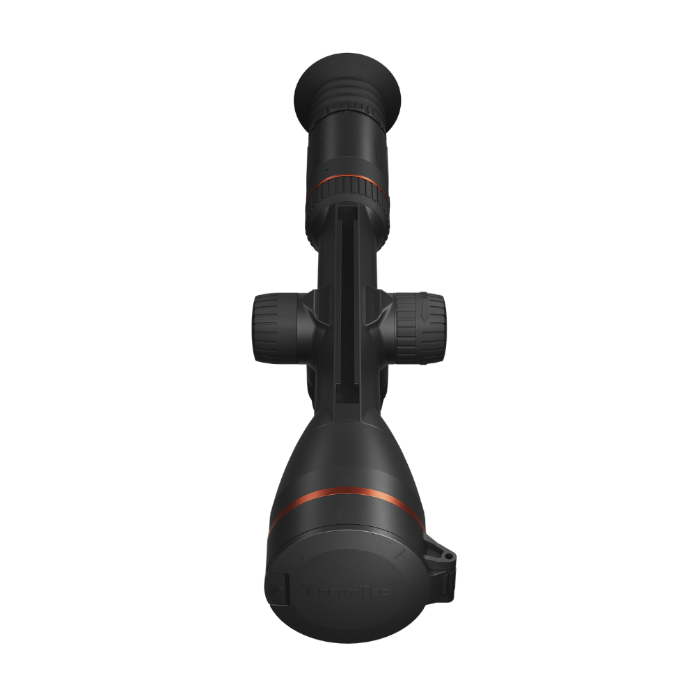 A black rifle scope with orange accent rings, shown from a top-down perspective.