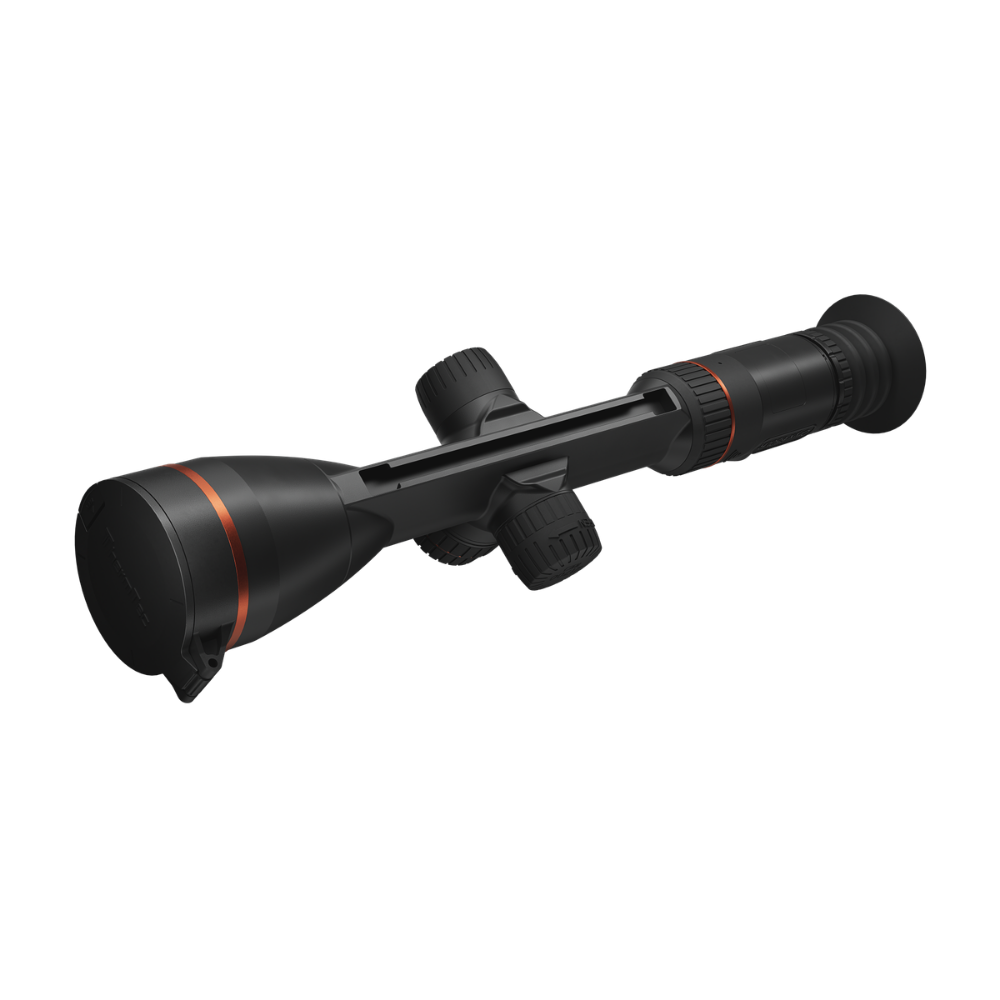 A black thermal rifle scope with orange accent rings, shown at a diagonal angle.