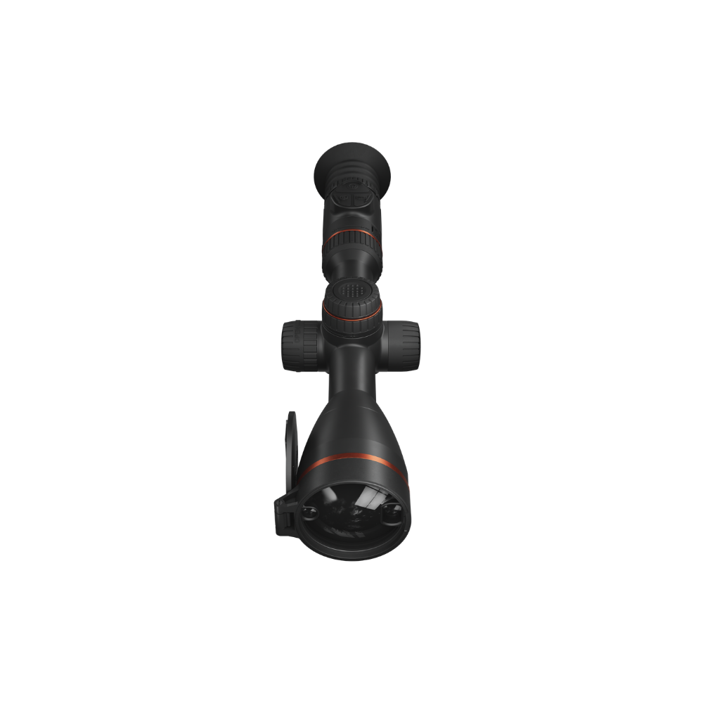 A black rifle scope with orange accent rings, shown from a front-three-quarter angle.