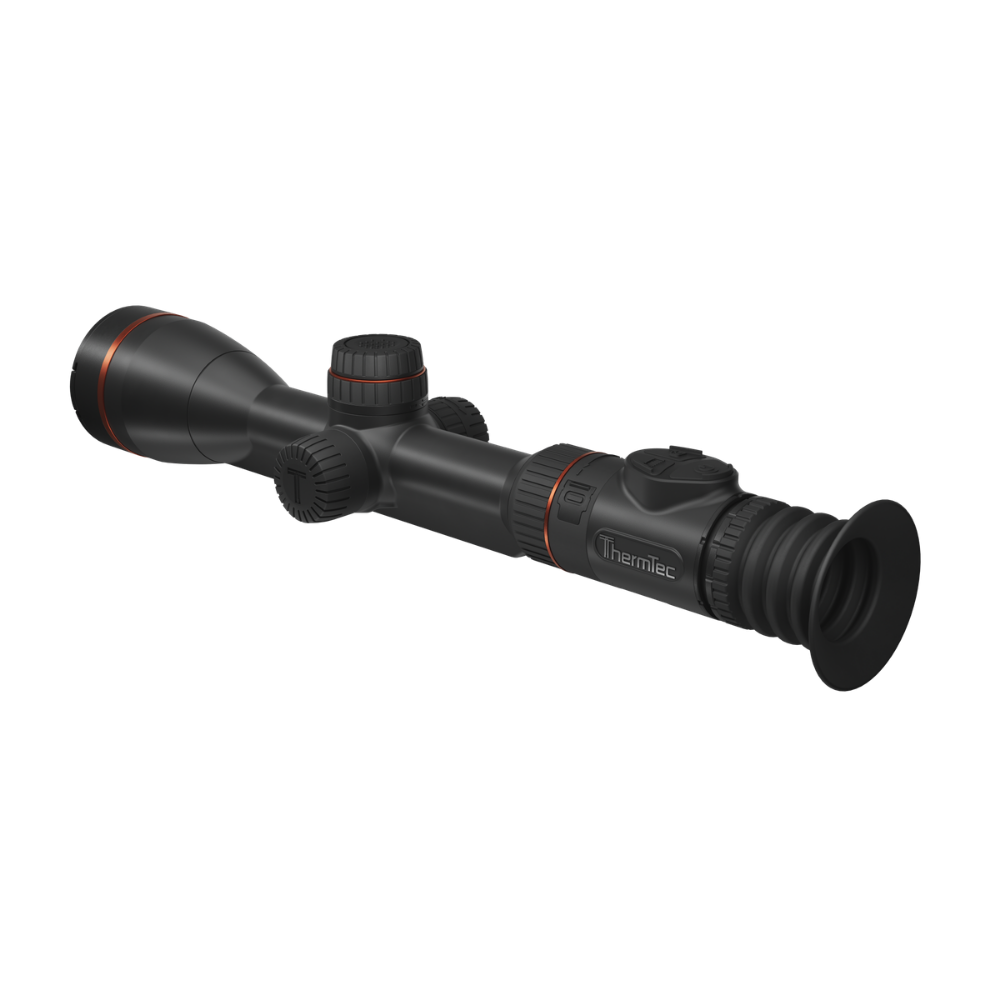 A black Thermtec rifle scope with red accent rings, shown at a diagonal angle.